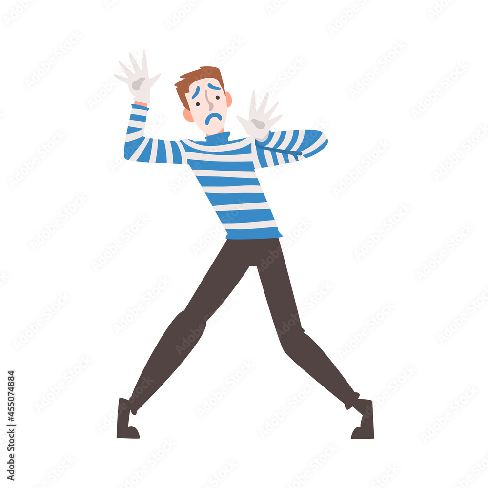 Man Mime as Circus Artist Character Performing Silent Comedy on Stage or Arena Vector Illustration Man Mime as Circus Artist Character Performing Silent Comedy on Stage or Arena Vector Illustration