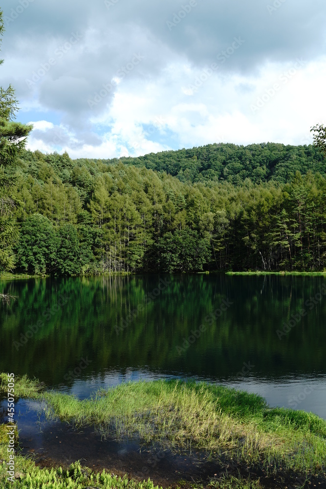 A scenic pond in the mountains at an altitude of 1,500 m in Nagano Japan. A scenic pond in the mountains at an altitude of 1,500 m in Nagano Japan.
