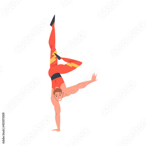Man Acrobat as Circus Artist Character Balancing on One Hand Performing on Stage or Arena Vector Illustration