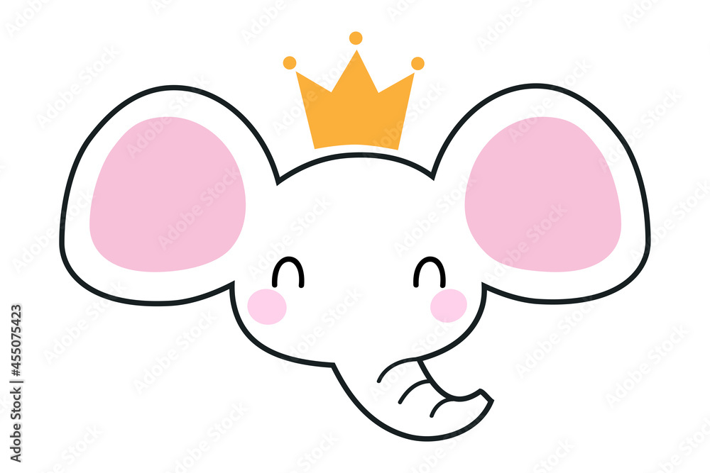 Cute Elephant Animal Head Wearing Gold Crown Vector Illustration Cute Elephant Animal Head Wearing Gold Crown Vector Illustration