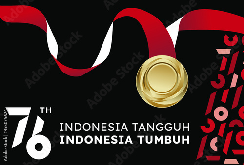 Happy 76th Indonesian Independence Day, Dirgahayu Republik Indonesia, meaning Long live Indonesia, with gold medal, black background, Vector illustration

