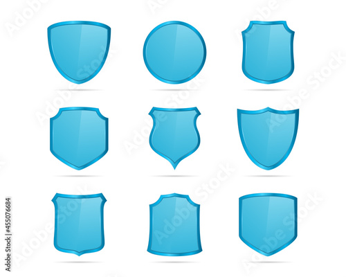 Set of 9 blue shields on white background