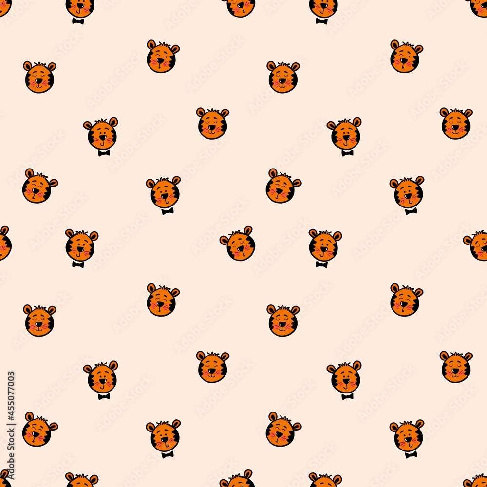 Fototapeta premium Seamless pattern with cute tiger cubs. Design for children's clothing, fabrics and other items. The illustration is hand-drawn with live lines in the kartun style.