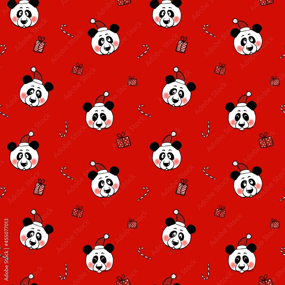 Seamless pattern with pandas in santa hats. The illustration is drawn in the style of a cardboard on a New Year's theme. Design for fabric, paper and other items. Seamless pattern with pandas in santa hats. The illustration is drawn in the style of a cardboard on a New Year's theme. Design for fabric, paper and other items.