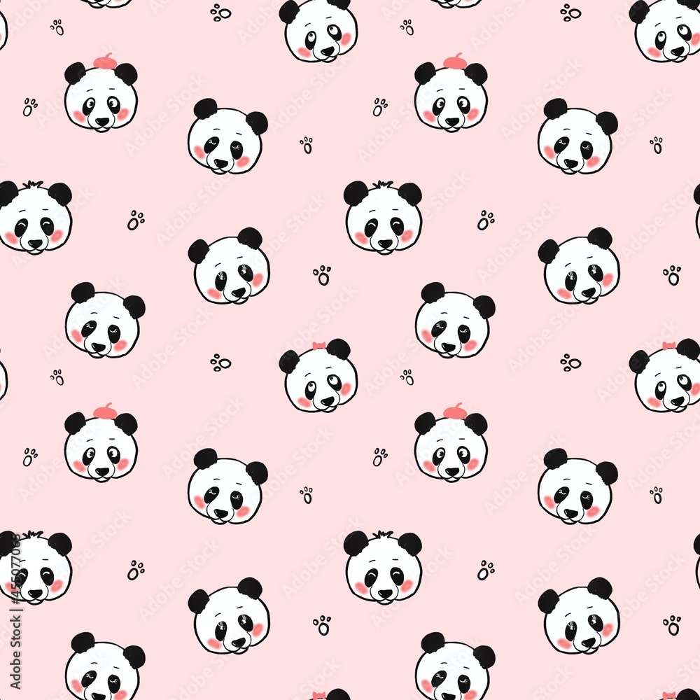 Seamless pattern with pandas . Print for children's clothing, objects, fabrics. The raster illustration is drawn in the kartun style. Seamless pattern with pandas . Print for children's clothing, objects, fabrics. The raster illustration is drawn in the kartun style.