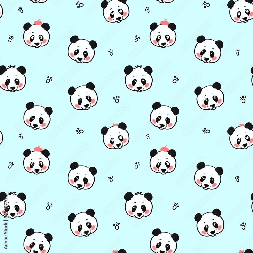 Seamless pattern with pandas . Print for children's clothing, objects, fabrics. The raster illustration is drawn in the kartun style. Seamless pattern with pandas . Print for children's clothing, objects, fabrics. The raster illustration is drawn in the kartun style.