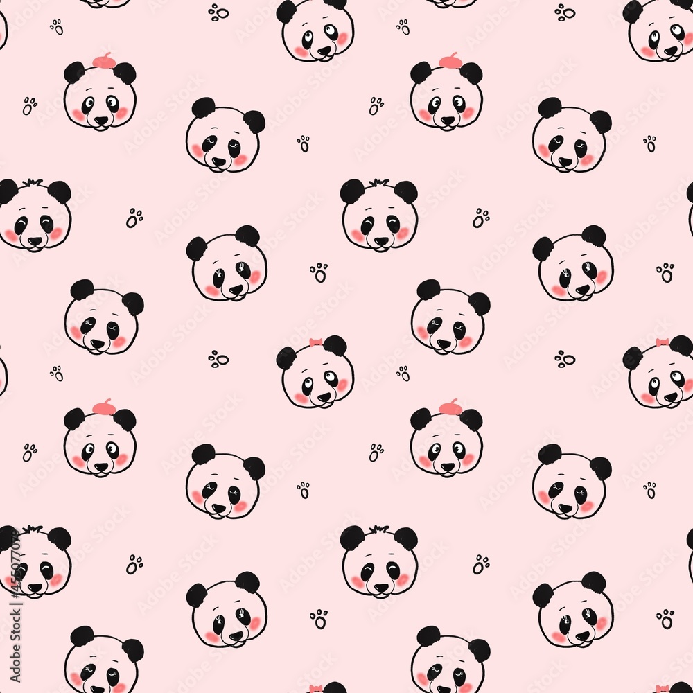 Seamless pattern with pandas . Print for children's clothing, objects, fabrics. The raster illustration is drawn in the kartun style. Seamless pattern with pandas . Print for children's clothing, objects, fabrics. The raster illustration is drawn in the kartun style.