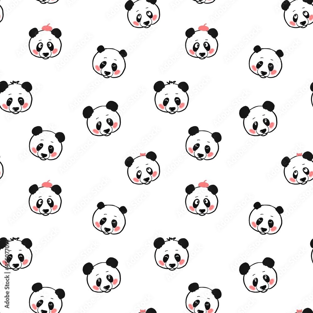 Seamless pattern with pandas . Print for children's clothing, objects, fabrics. The raster illustration is drawn in the kartun style.