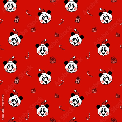 Seamless pattern with pandas in santa hats. The illustration is drawn in the style of a cardboard on a New Year's theme. Design for fabric, paper and other items.