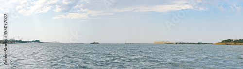 July 11, 2021: Panorama of the embankment of the Sevastopol Bay with access to the open sea. Sevastopol. Crimea.