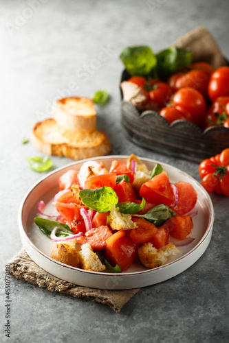 Traditional Italian panzanella salad with tomato and bread