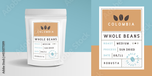 Paper zip package mockup. Coffee zip package design. Package mockup template for logo, brand, sticker, label. Vector illustration