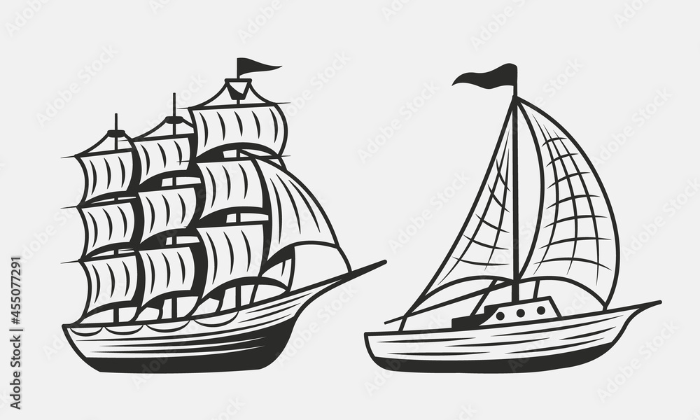 Vintage Old Ship and Boat or Yacht isolated on white background. Sailboat, Sailing ship icons. Elements for nautical logo, poster, banner template. Vector illustration - obrazy, fototapety, plakaty 