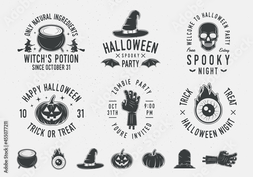 Vintage Halloween logo templates and 7 design elements for Halloween party. Halloween prints for t-shirt, typography. Cauldron, Pumpkin, Witch Hat, Gravestone and Zombie hand icons.Vector illustration