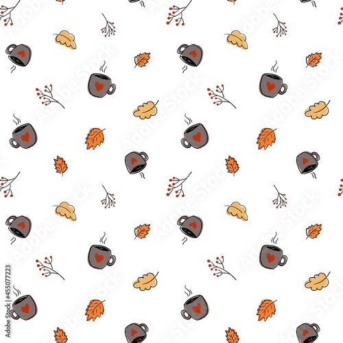 Autumn seamless pattern with leaves and a cup. The illustration is drawn in the doodle style .