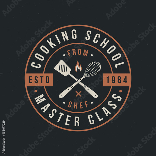 Cooking Class vintage logo. Cooking School badge with spatula and whisk. Emblem template for food studio, cooking courses, culinary school, kitchen.