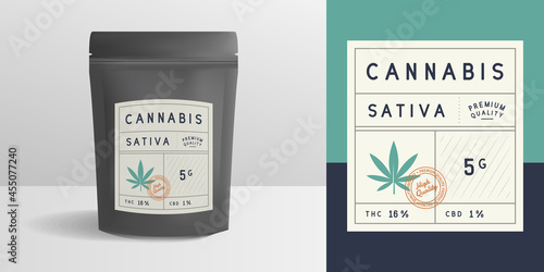 Cannabis zip package, pouch mockup. Vintage trendy label, sticker template. Marijuana label. Zipper mockup template for logo, brand, sticker, label. Vector illustration
