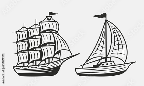 Vintage Old Ship and Boat or Yacht isolated on white background. Sailboat, Sailing ship icons. Elements for nautical logo, poster, banner template. Vector illustration