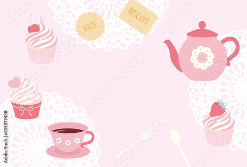vector background with tea and sweets for banners, cards, flyers, social media wallpapers, etc.