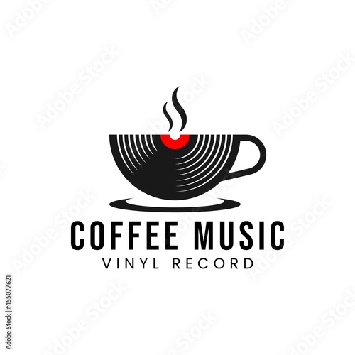 Coffee music records logo design template with a cup and a vinyl record. Vector illustration.