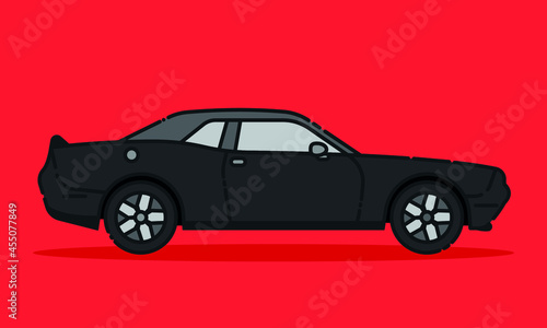 dodge challenger automobile line illustration with red background, muscle car supercharger vector flat illustration, black sport auto