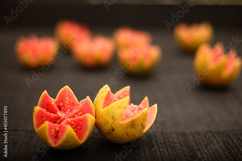 Close up image- fresh red guava fruits slices