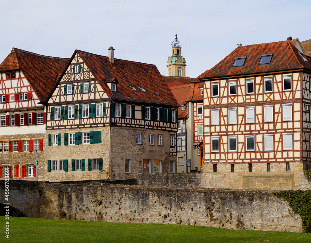 cityscape of beautiful Schwabisch Hall in Germany with its old timber-framed houses
