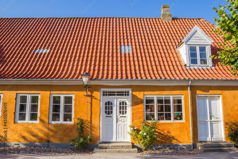 Front facade of a typical Danish house in Christiansfeld, Denmark