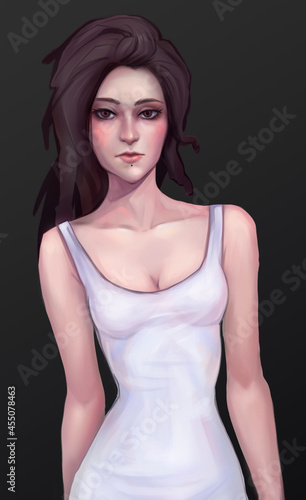 Hand-drawn character girl in a white t-shirt. Hairstyle dreadlocks long brown hair. white woman on isolated background illustration for advertising and design