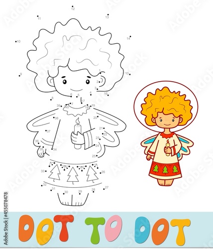 Dot to dot Christmas puzzle. Connect dots game. Angel vector illustration