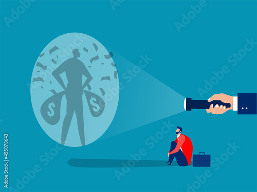 businessman looking guideline at targets for shooting  his shadow rich under money rain success concept vector.