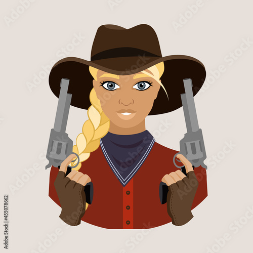 An avatar of a woman in a cowboy hat, bandana and shirt is holding two revolvers. Wild West. Flat vector illustration.