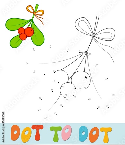 Dot to dot Christmas puzzle. Connect dots game. Viscum and berries vector illustration