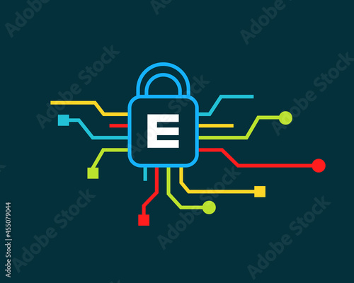 Cyber Security logo with E letter concept. E letter logo for Cyber Protection, technology  and biotechnology, high tech