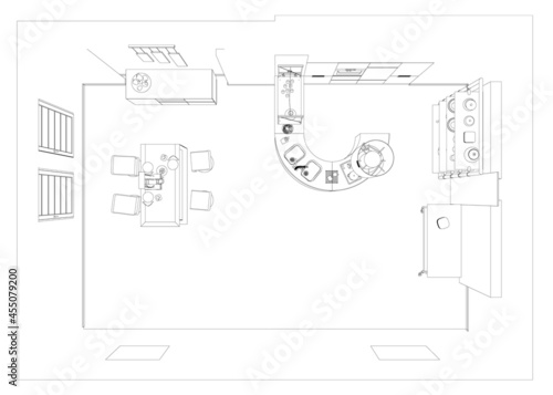 Contour of the kitchen with table and chairs from black lines isolated on white background. View from above. Vector illustration