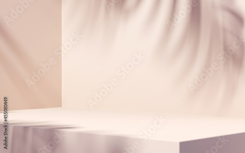 Fototapeta Naklejka Na Ścianę i Meble -  Minimal abstract background for product presentation. Leaf shadow on plaster wall. 3d render. Spring and summer.