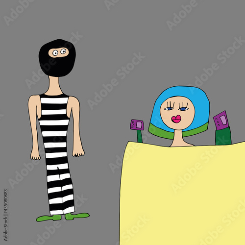 The thief is a swindler in striped clothes. A thief wants to rob a store. Vector. Doodles. Funny character in cartoon style. Isolated