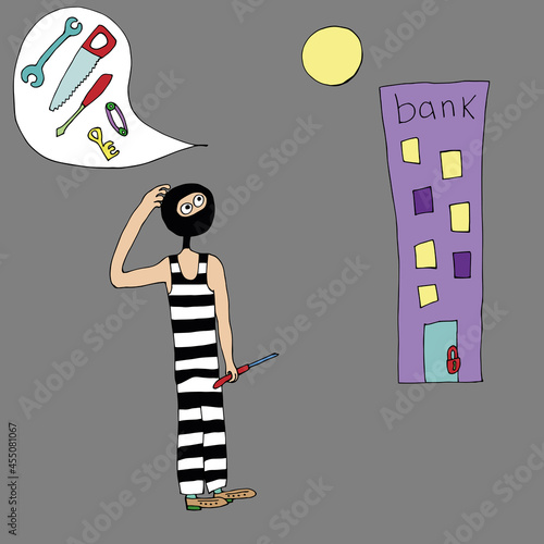 Thief is a swindler in striped clothes. A thief with a flashlight and keys wants to rob a bank. Vector. Doodles. Funny character in cartoon style. Isolated