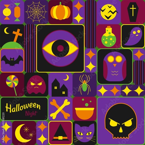 Halloween pattern in simple geometric style. Geometric colorful background. Halloween thematic decoration. Vector.
