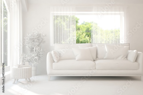 Mock up of stylish room in white color with sofa and green landscape in window. Scandinavian interior design. 3D illustration