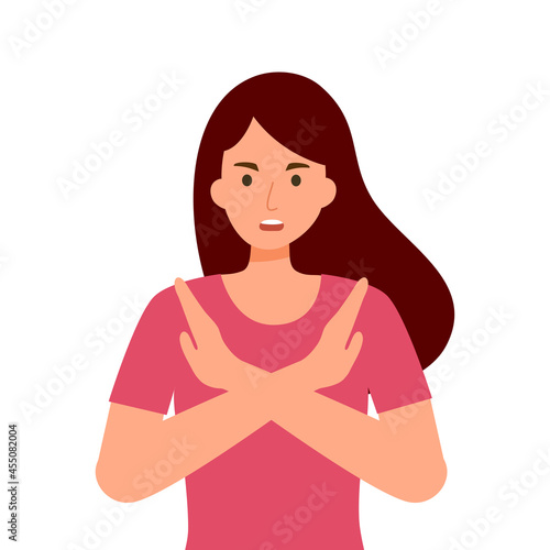Woman refuse or reject hand gesturing in flat design on white background. No means no concept.