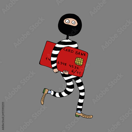 The thief is a swindler in striped clothes. A thief wants to steal money from a bank card. Bank card fraud. Vector. Doodles. Funny character in cartoon style. Isolated