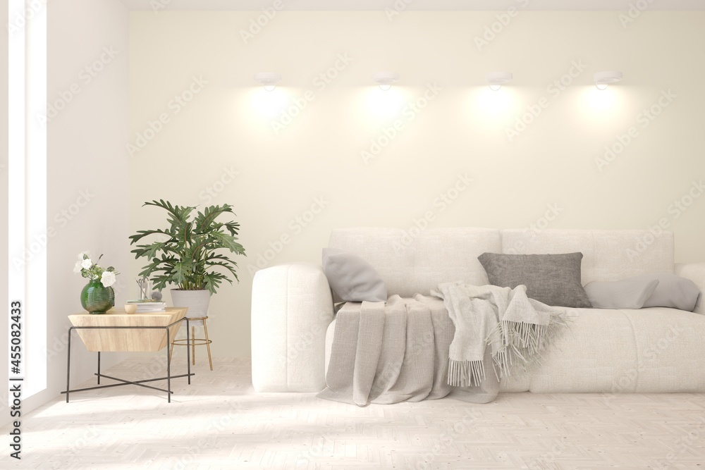 Fototapeta premium White living room with sofa. Scandinavian interior design. 3D illustration