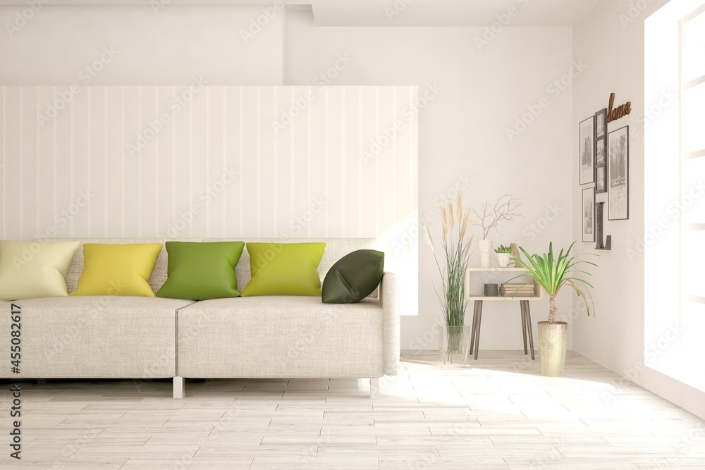 Fototapeta premium Stylish room in white color with sofa. Scandinavian interior design. 3D illustration