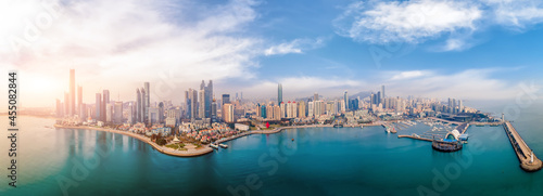 Aerial photography Qingdao Bay urban architecture landscape skyline