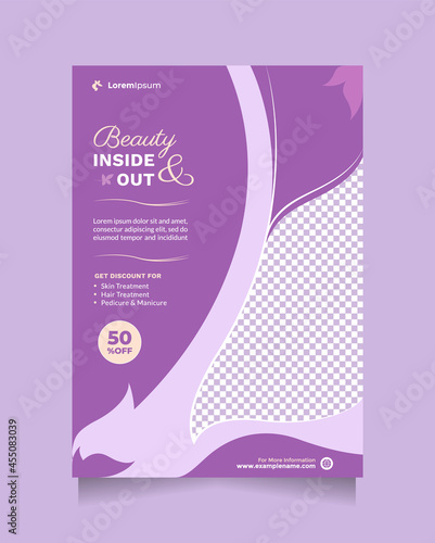 Beauty care service concept flyer and brochure template with a4 size. Creative promotion design concept of professional hair spa, hair mask, hair style, cosmetic sale or promotion, skin treatment