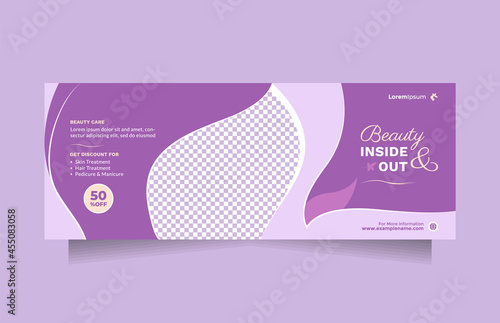 Horizontal social media banner template for beauty care promotion. Beautiful purple design concept of professional hair spa, hair mask, hair style, cosmetic sale or promotion, skin treatment, etc
