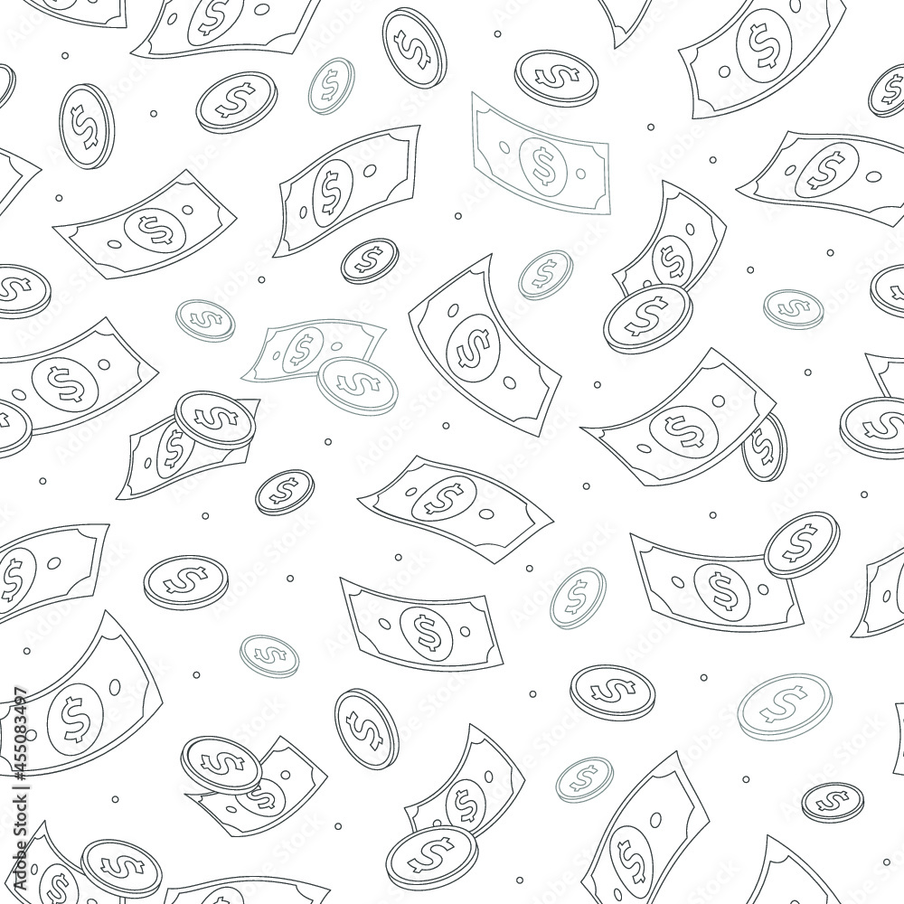 Vector dollar thin line pattern with simple shapes of money isolated on white. Seamless finance texture background