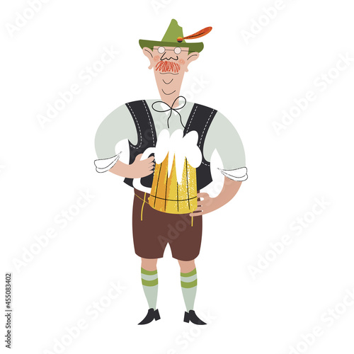 A cheerful character of the Oktoberfest festival. A man in a traditional German suit with a beer mug. Vector illustration.