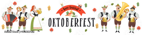Oktoberfest. The banner template is a traditional German beer festival. Cheerful people in national costumes drink beer and play musical instruments.